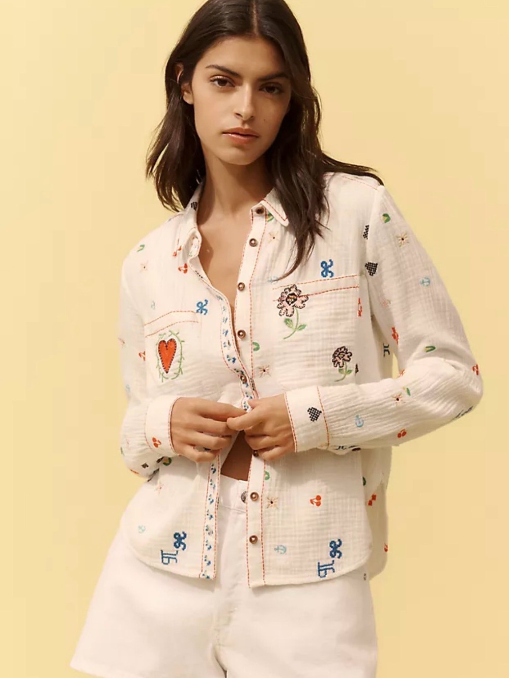 PILCRO Anthropologie Shirt White Floral Embroidered Icon Button Down Gauze L